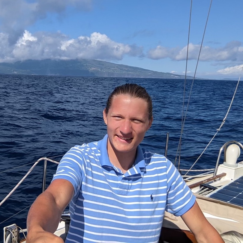 Cal on his sailboat going solo across the Atlantic