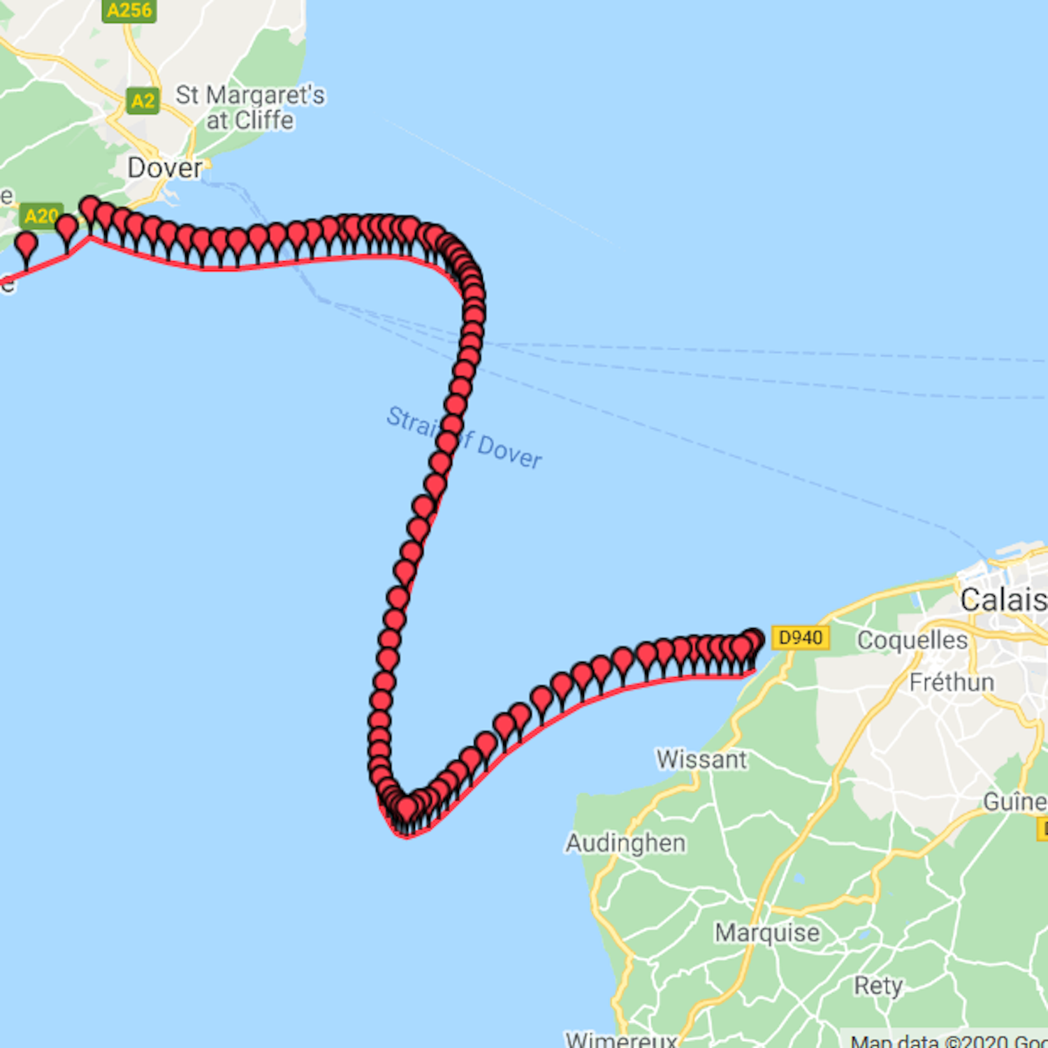 Map tracing an English Channel swim path