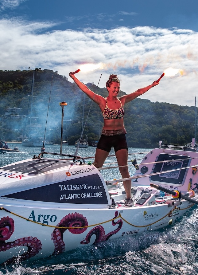 Jasmine at the finish of her trans-Atlantic row