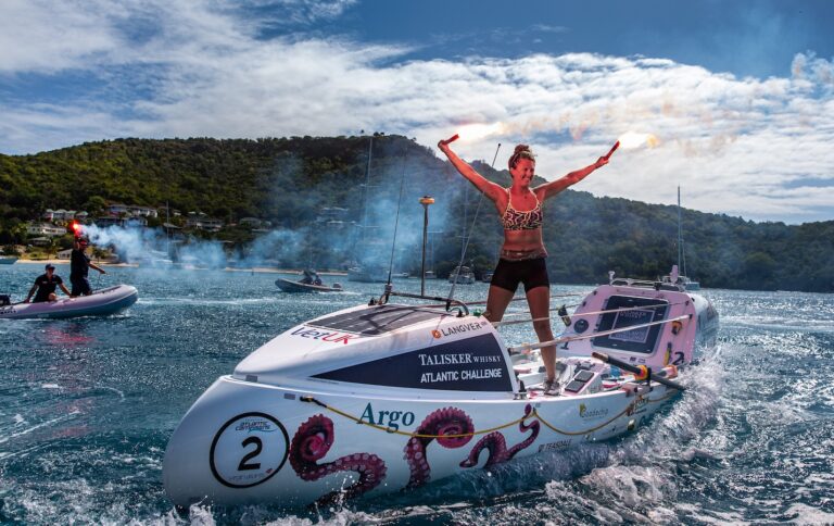 Jasmine at the finish of her trans-Atlantic row