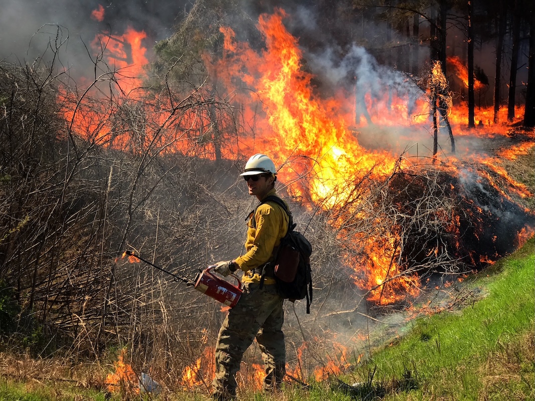 Jess with his drip torch among flames