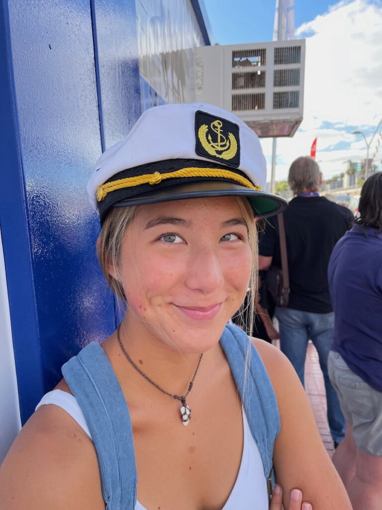 Sailor girl Megan in her skipper's hat