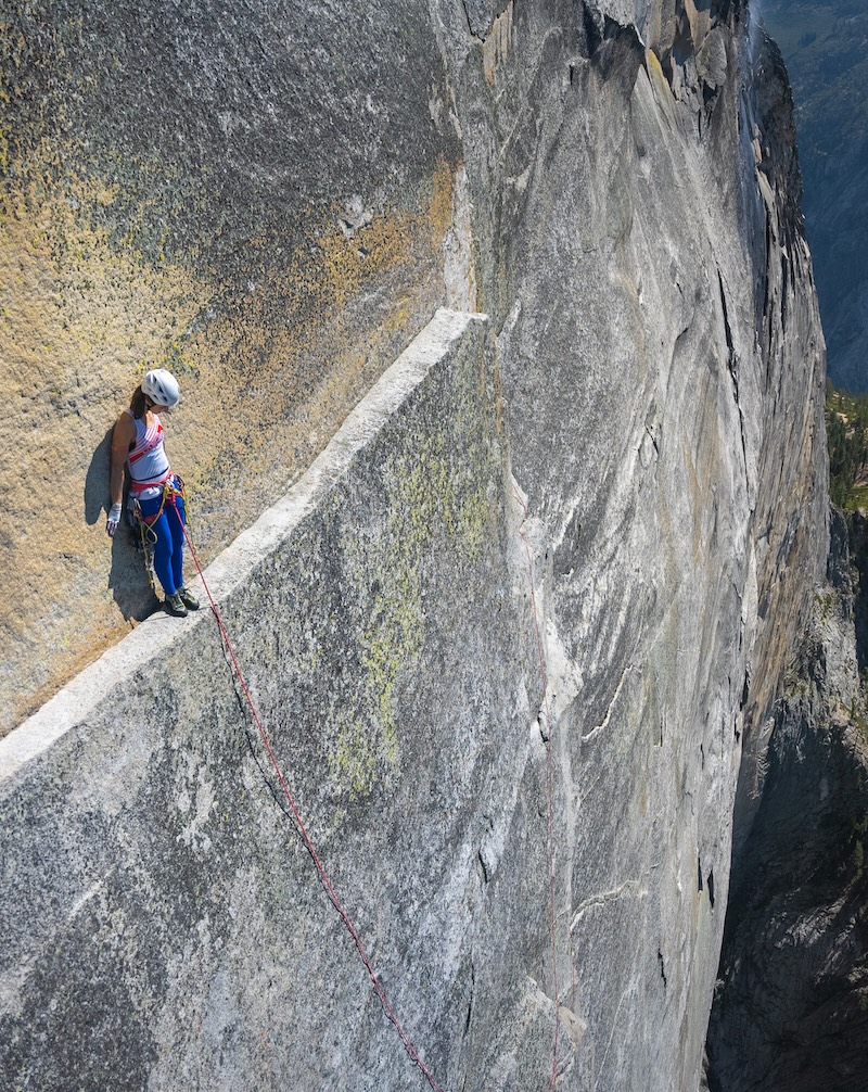 Standing on the frighteningly narrow "Thank God" ledge on a Yosemite big wall