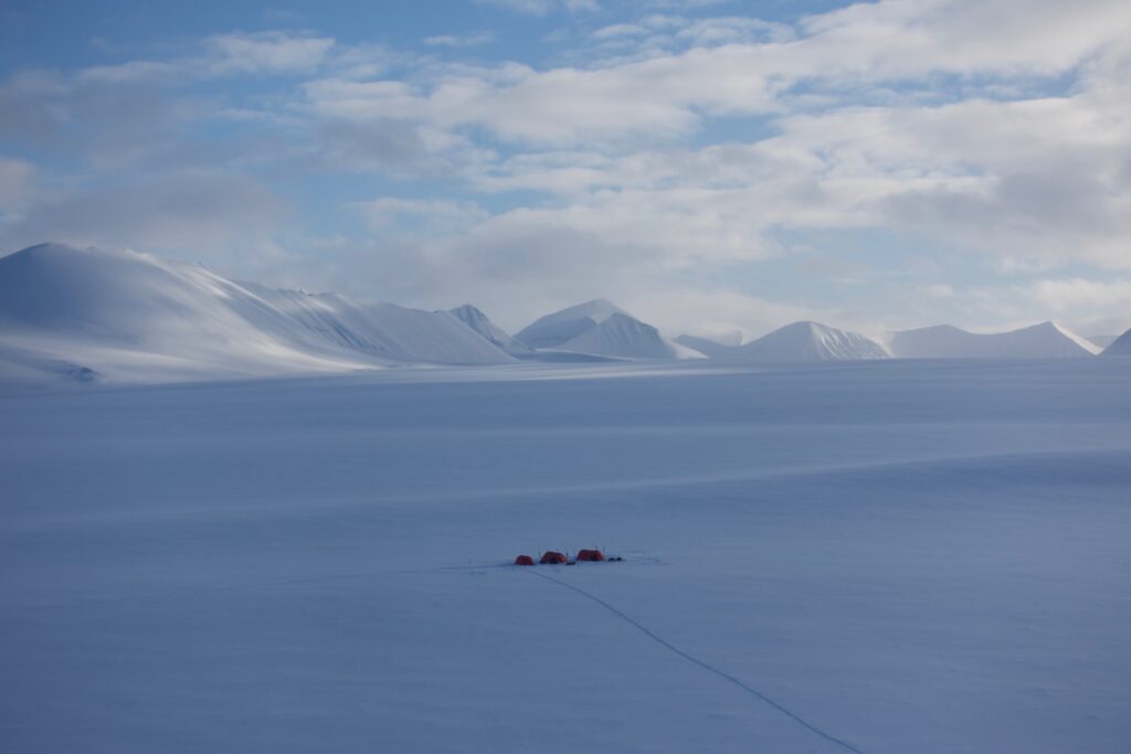 Camping in the frozen wilderness.