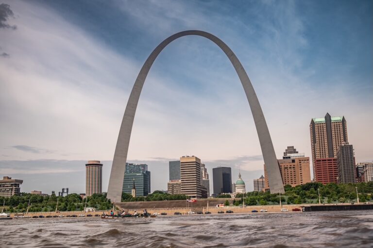 Canoe paddling by the St. Louis Arch