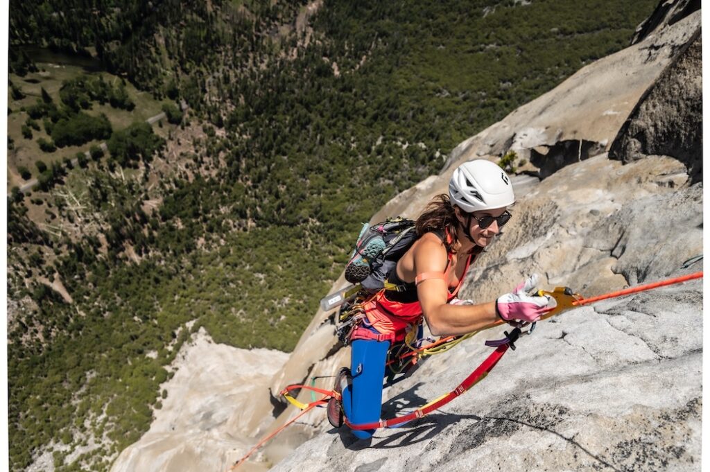 A climber high above the Yosemite Valley floor.