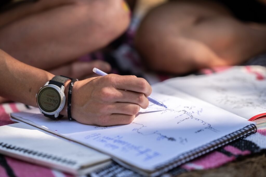 The climbers taking detailed notes of their route.