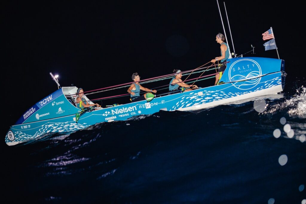 Night shot of the rowboat at sea.