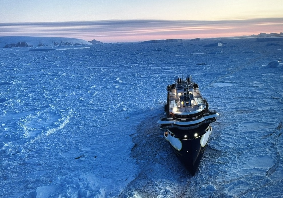 The ship Resolution in icepack viewed from a drone