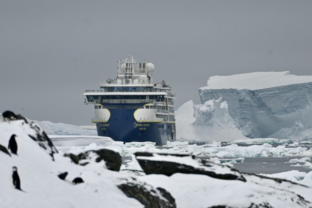 The ship Resolution amongst icebergs