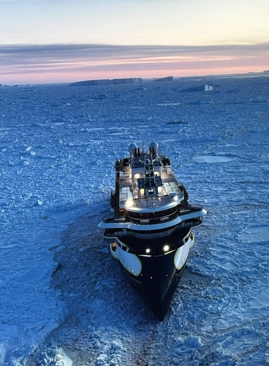 The ship Resolution in icepack viewed from a drone