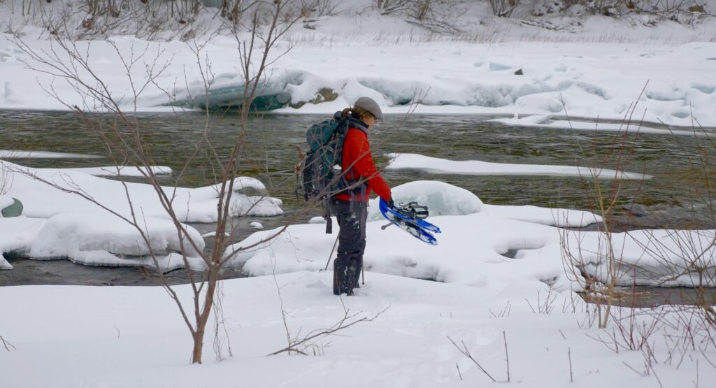 Dianne looking to ford a snowy river with her snowshoes