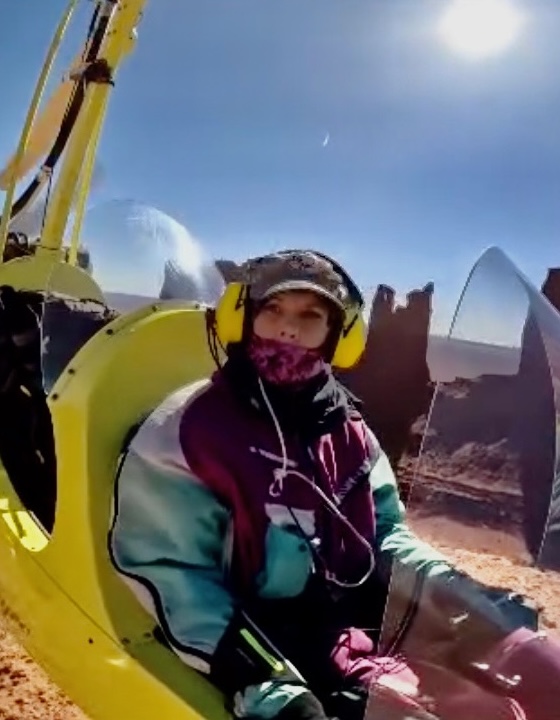 Caroline at the controls of her gyrocopter