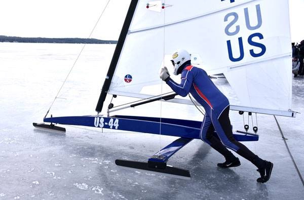 Pushing off at the start of an ice boat race