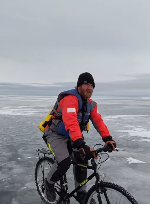 Eric and his bike on a frozen Lake Huron