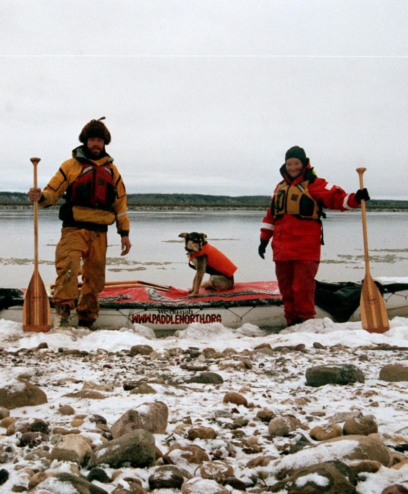 Mark, Nora and their dog with their canoe in the freezing Arctic