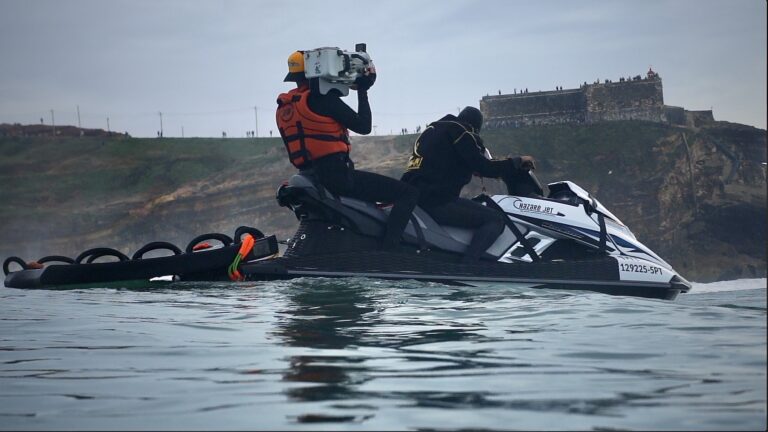 Tim on a jet ski shooting film at Nazare in Portugal