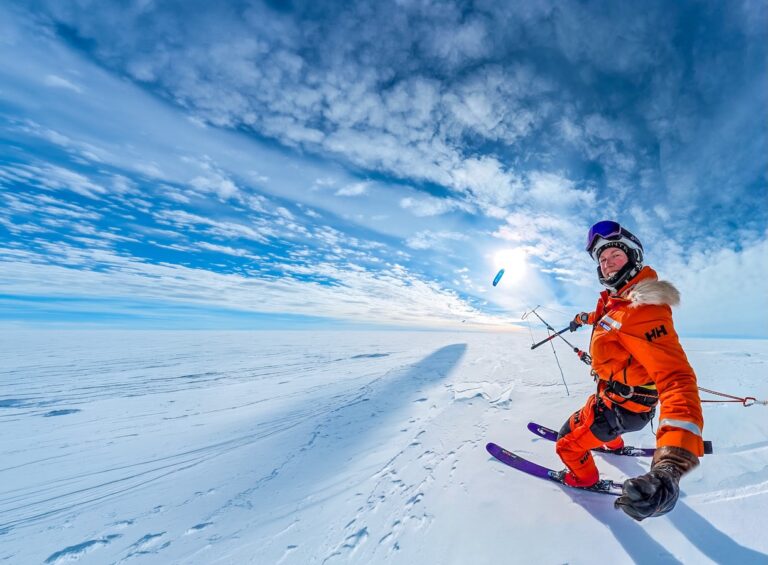 Kite skiing with an endless vista of snowpack in Antarctica