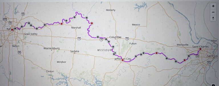 A map of the 340 mile MR340 race course, from Kansas City, Kansas to Saint Charles, Missouri